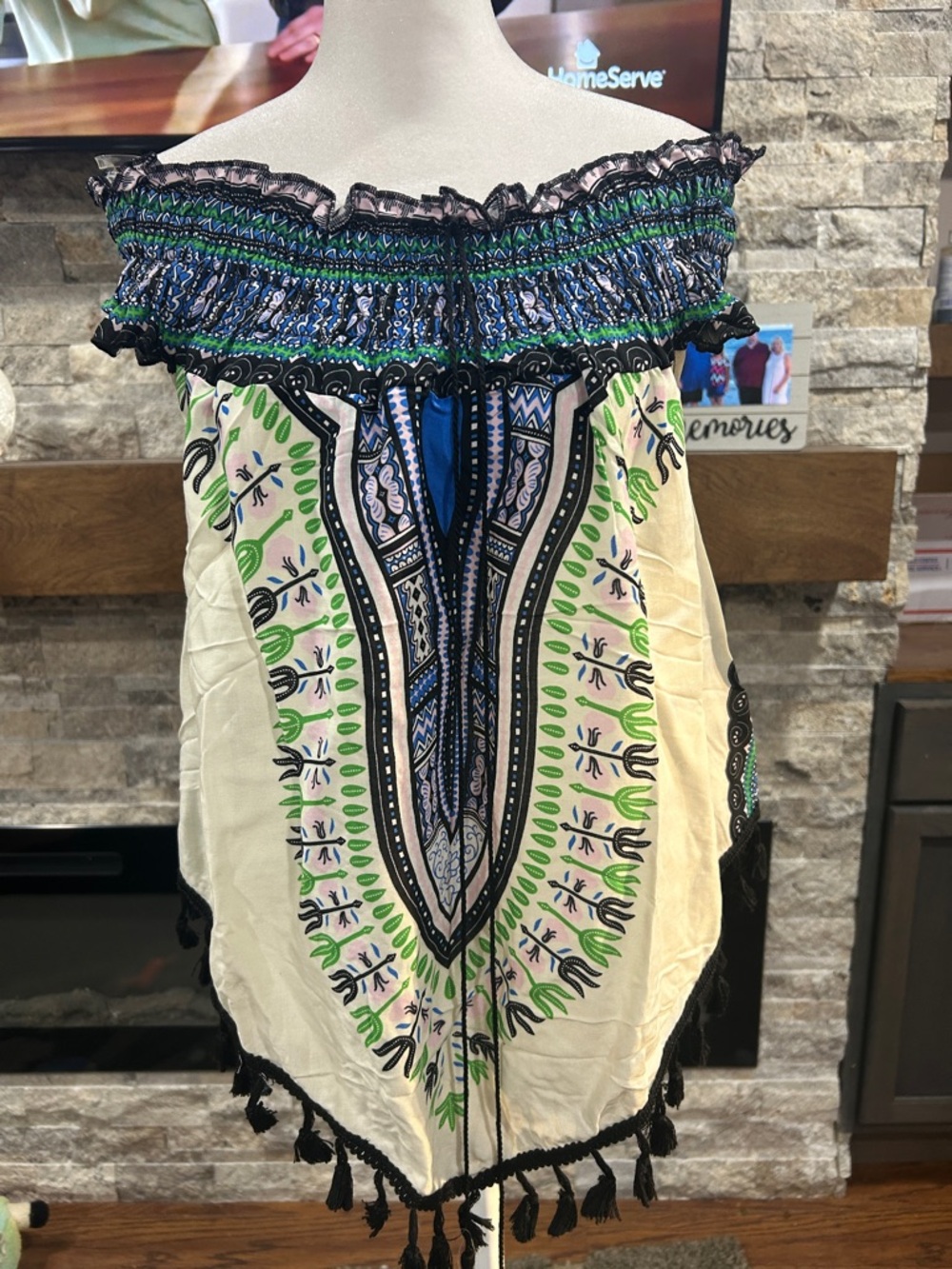 Cream Boho Tassel Off-Shoulder Top with Blue & Green Print new size medium